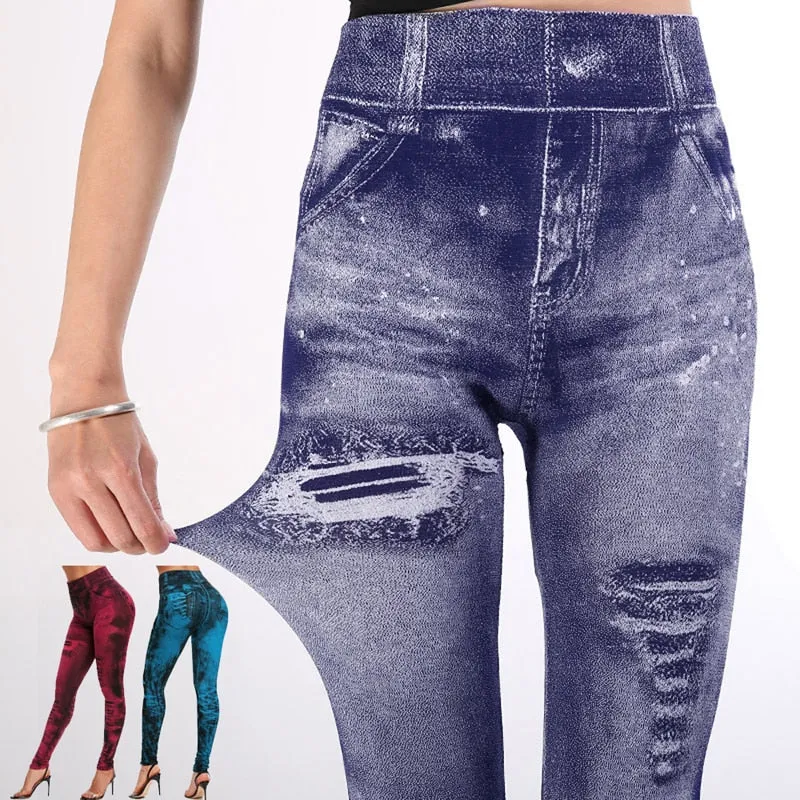 2023 Sexy Astic Imitation Jeans Leggings Women Stretch High Waist Pants Fitness Slim Push Up Leggings For Women