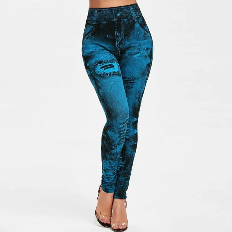 2023 Sexy Astic Imitation Jeans Leggings Women Stretch High Waist Pants Fitness Slim Push Up Leggings For Women