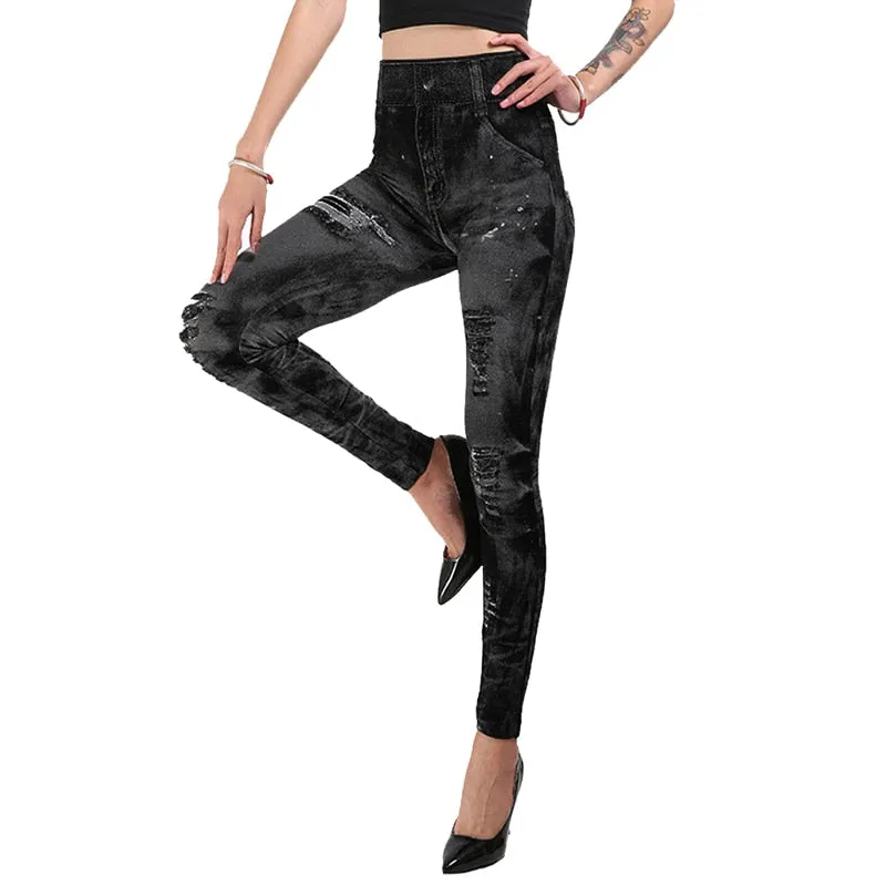 2023 Sexy Astic Imitation Jeans Leggings Women Stretch High Waist Pants Fitness Slim Push Up Leggings For Women
