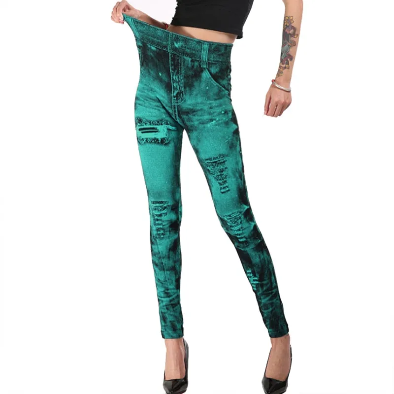 2023 Sexy Astic Imitation Jeans Leggings Women Stretch High Waist Pants Fitness Slim Push Up Leggings For Women