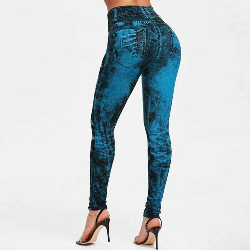 2023 Sexy Astic Imitation Jeans Leggings Women Stretch High Waist Pants Fitness Slim Push Up Leggings For Women