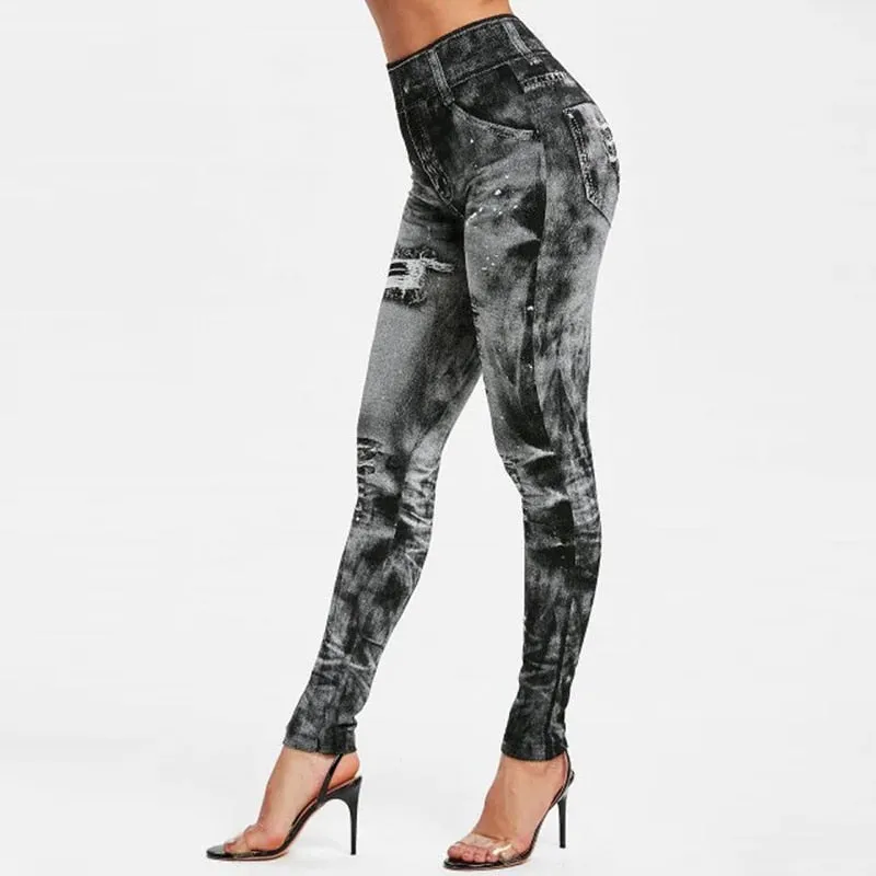 2023 Sexy Astic Imitation Jeans Leggings Women Stretch High Waist Pants Fitness Slim Push Up Leggings For Women