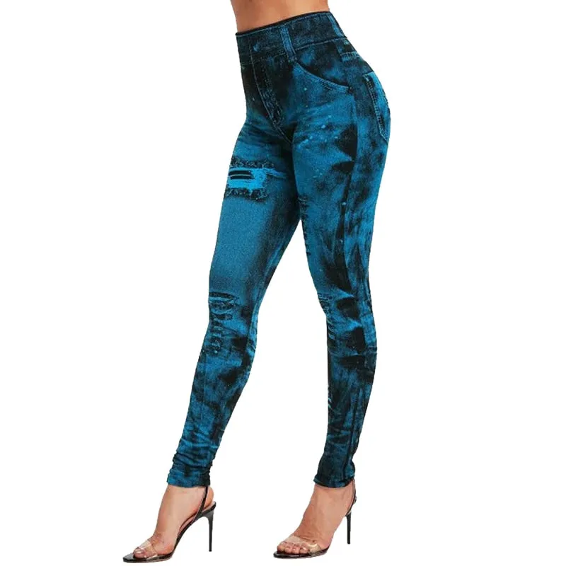 2023 Sexy Astic Imitation Jeans Leggings Women Stretch High Waist Pants Fitness Slim Push Up Leggings For Women