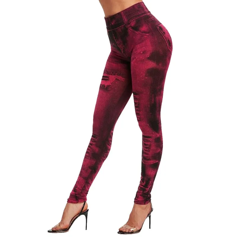 2023 Sexy Astic Imitation Jeans Leggings Women Stretch High Waist Pants Fitness Slim Push Up Leggings For Women