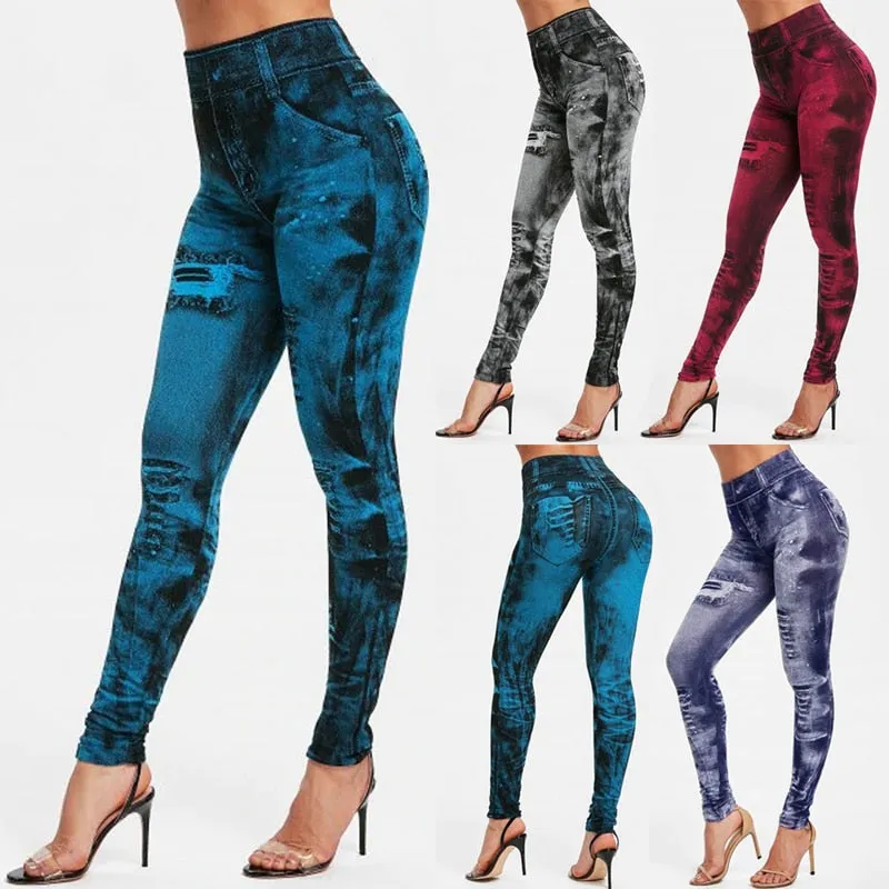 2023 Sexy Astic Imitation Jeans Leggings Women Stretch High Waist Pants Fitness Slim Push Up Leggings For Women