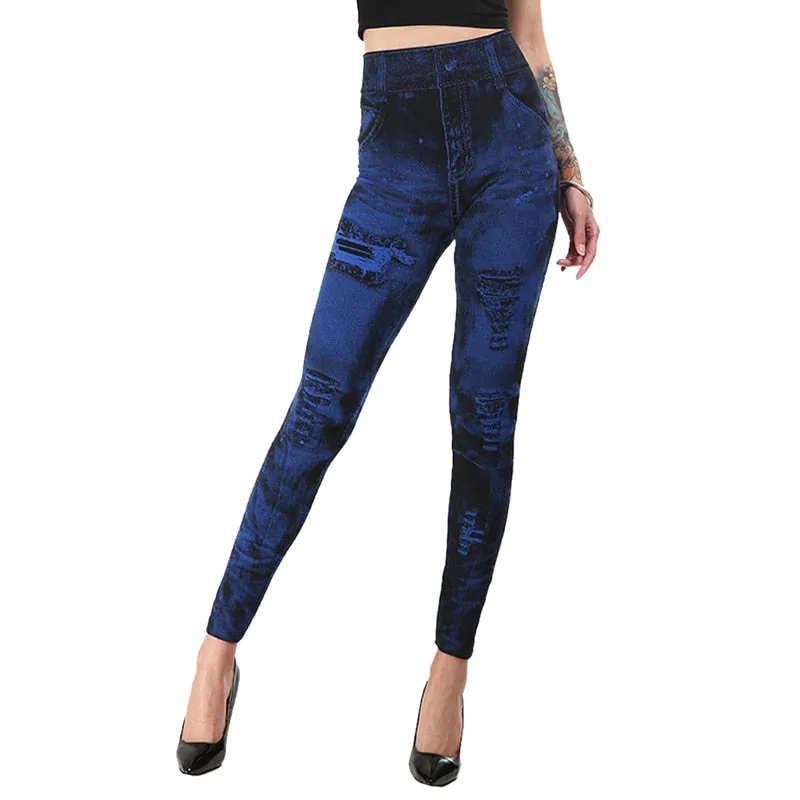 2023 Sexy Astic Imitation Jeans Leggings Women Stretch High Waist Pants Fitness Slim Push Up Leggings For Women