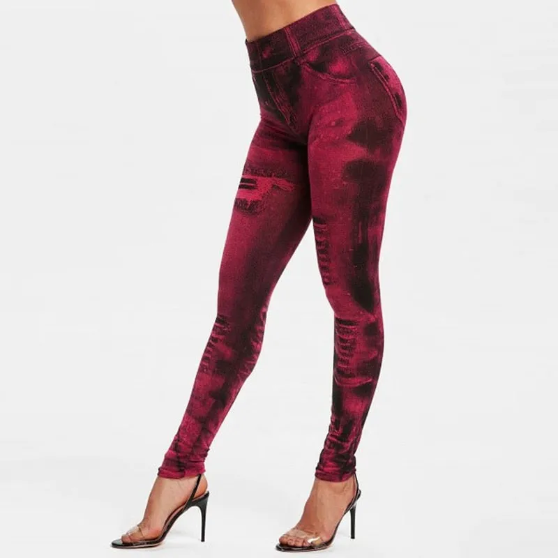 2023 Sexy Astic Imitation Jeans Leggings Women Stretch High Waist Pants Fitness Slim Push Up Leggings For Women