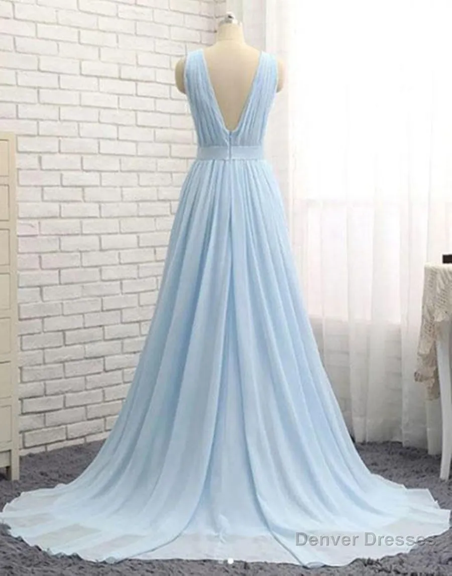 A Line V Neck and V Back Sky Blue Chiffon Long Prom Dresses, V Neck Blue Formal Dresses, Blue Evening Dresses