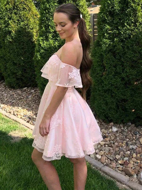 A-Line/Princess Lace Off-the-Shoulder Sleeveless Applique Short/Mini Homecoming Dress Party Dress