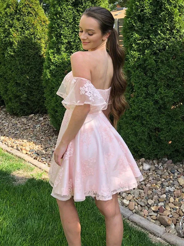 A-Line/Princess Lace Off-the-Shoulder Sleeveless Applique Short/Mini Homecoming Dress Party Dress