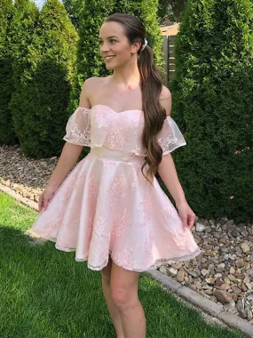 A-Line/Princess Lace Off-the-Shoulder Sleeveless Applique Short/Mini Homecoming Dress Party Dress