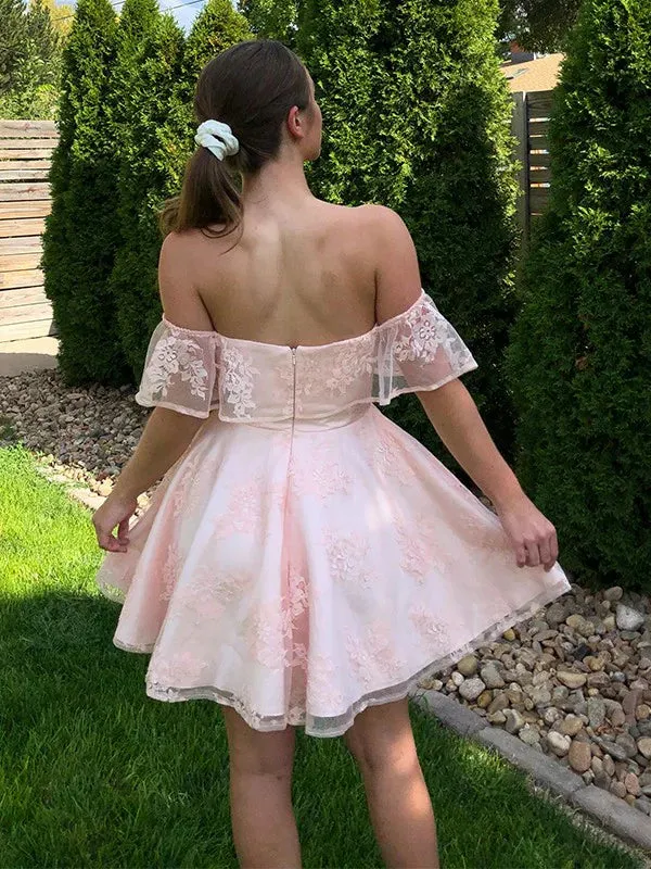 A-Line/Princess Lace Off-the-Shoulder Sleeveless Applique Short/Mini Homecoming Dress Party Dress