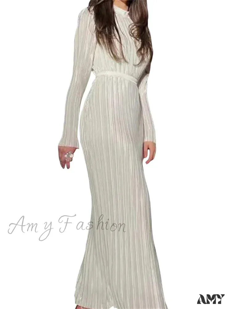 Amy Fashion - Elegant Women Ruched Spring Fall  Solid Color  Sleeve Half High Neck Tie Up Female Party Vestidos