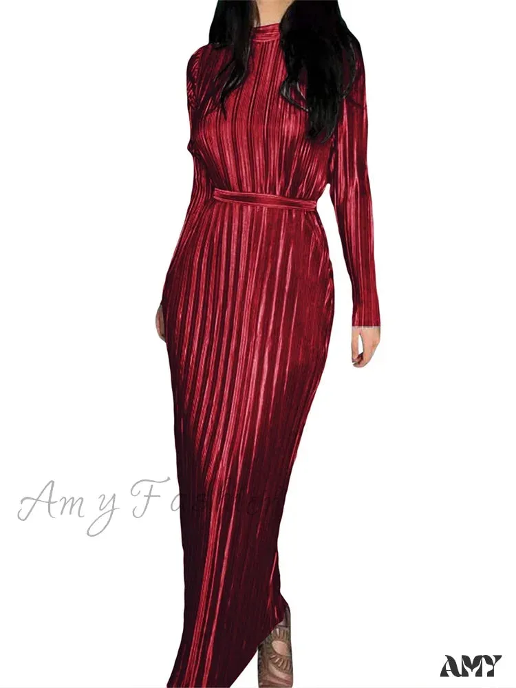 Amy Fashion - Elegant Women Ruched Spring Fall  Solid Color  Sleeve Half High Neck Tie Up Female Party Vestidos