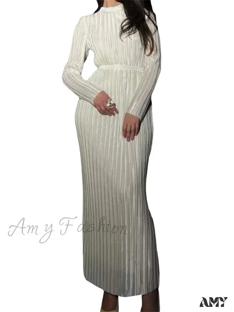 Amy Fashion - Elegant Women Ruched Spring Fall  Solid Color  Sleeve Half High Neck Tie Up Female Party Vestidos