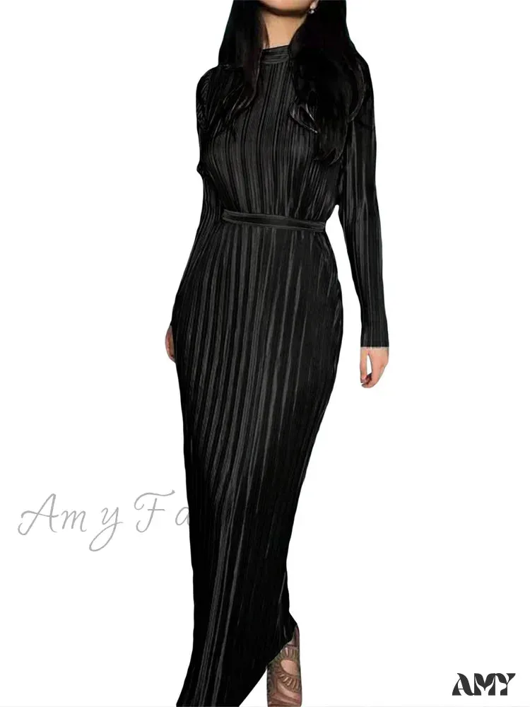 Amy Fashion - Elegant Women Ruched Spring Fall  Solid Color  Sleeve Half High Neck Tie Up Female Party Vestidos