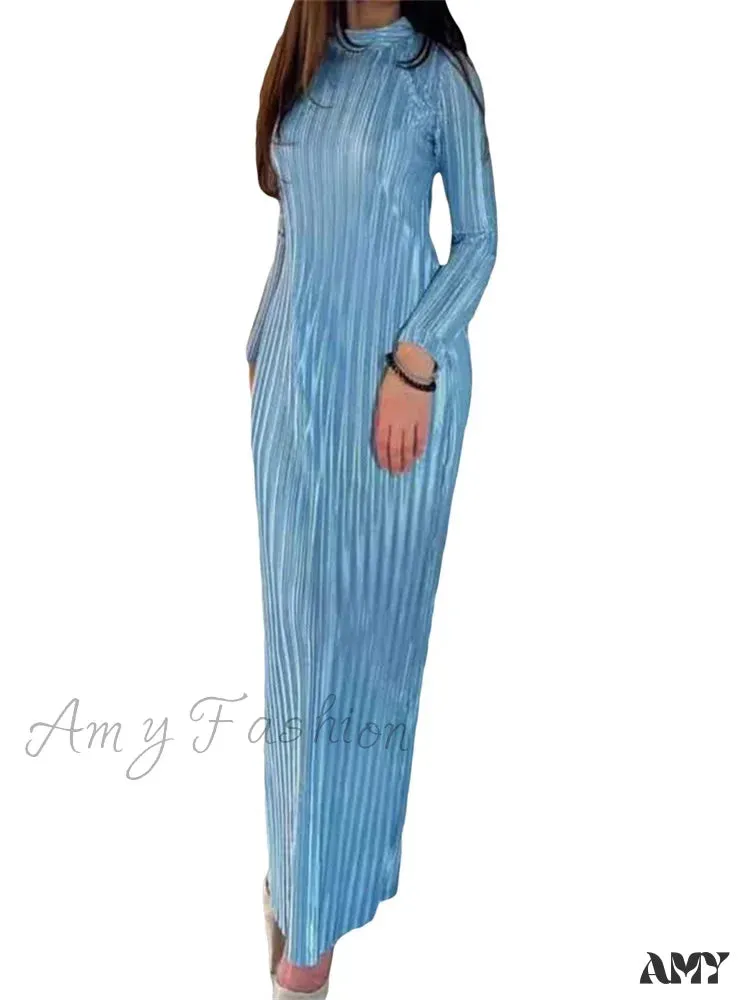 Amy Fashion - Elegant Women Ruched Spring Fall  Solid Color  Sleeve Half High Neck Tie Up Female Party Vestidos