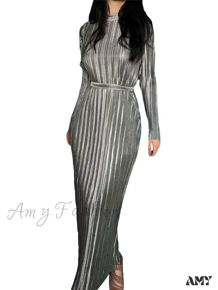 Amy Fashion - Elegant Women Ruched Spring Fall  Solid Color  Sleeve Half High Neck Tie Up Female Party Vestidos