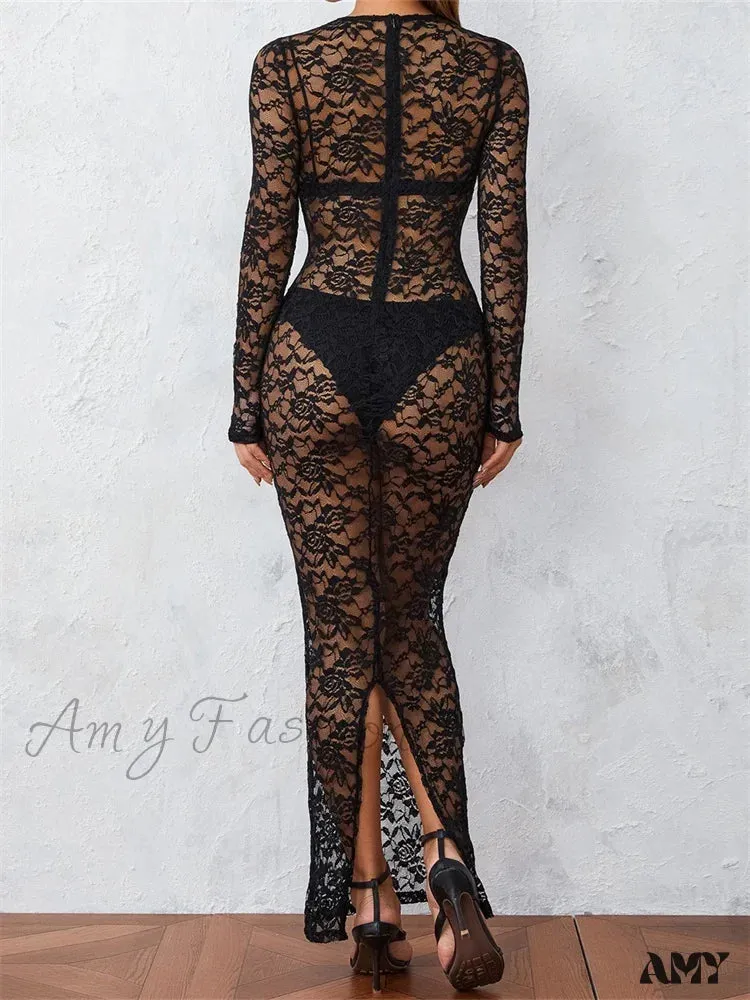 Amy Fashion - Women Lace Floral See Through  Vintage  Sleeve Round Neck Solid Back Split Party Female Vestidos
