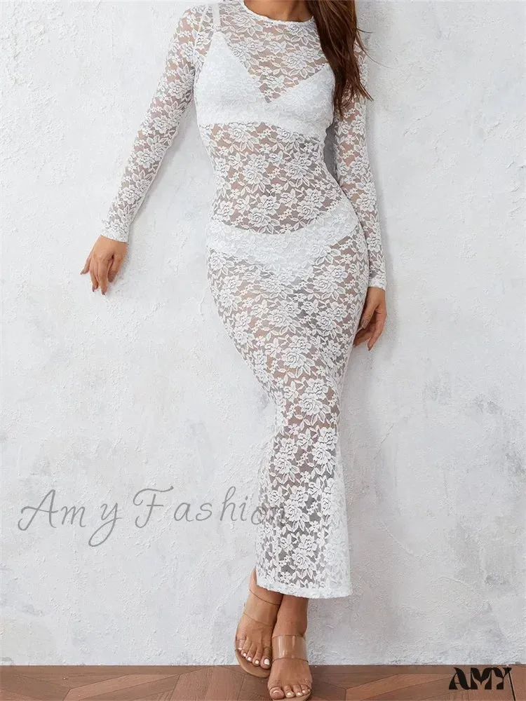 Amy Fashion - Women Lace Floral See Through  Vintage  Sleeve Round Neck Solid Back Split Party Female Vestidos