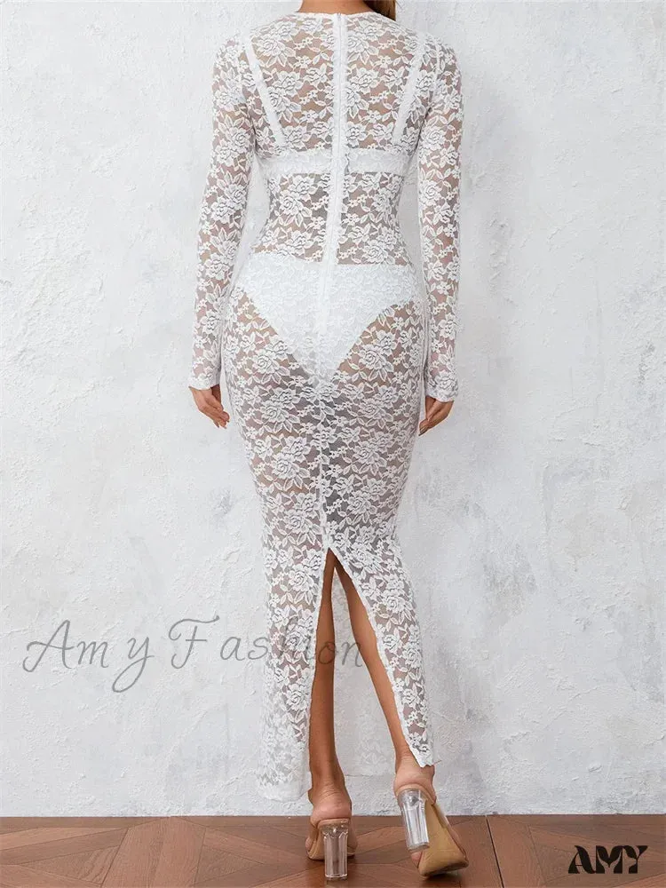 Amy Fashion - Women Lace Floral See Through  Vintage  Sleeve Round Neck Solid Back Split Party Female Vestidos