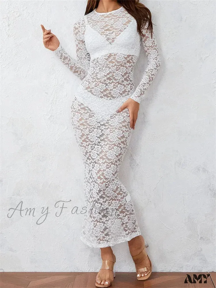Amy Fashion - Women Lace Floral See Through  Vintage  Sleeve Round Neck Solid Back Split Party Female Vestidos