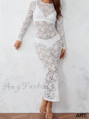 Amy Fashion - Women Lace Floral See Through  Vintage  Sleeve Round Neck Solid Back Split Party Female Vestidos