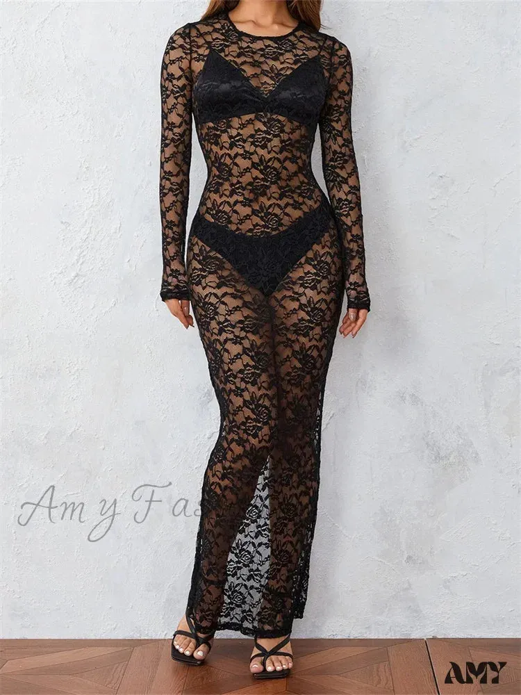 Amy Fashion - Women Lace Floral See Through  Vintage  Sleeve Round Neck Solid Back Split Party Female Vestidos