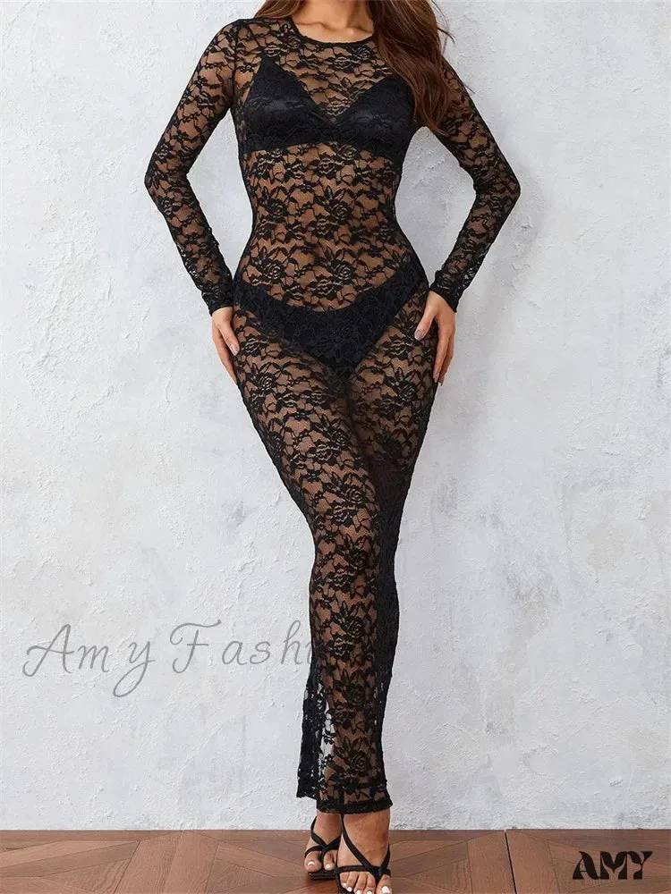 Amy Fashion - Women Lace Floral See Through  Vintage  Sleeve Round Neck Solid Back Split Party Female Vestidos