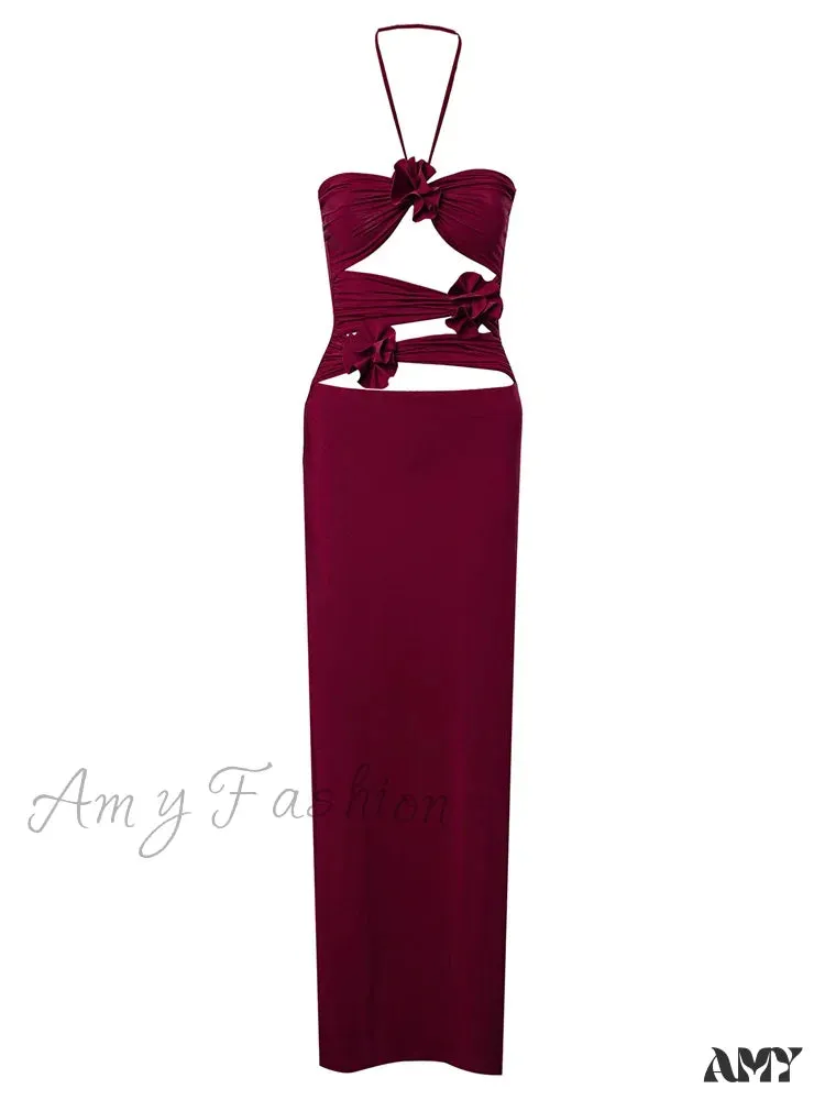 Amy Fashion - Women Sexy Halter Hollow Out  Y2K Off Shoulder Backless Slim 3D Flowers Vestidos Night Party Clubwear