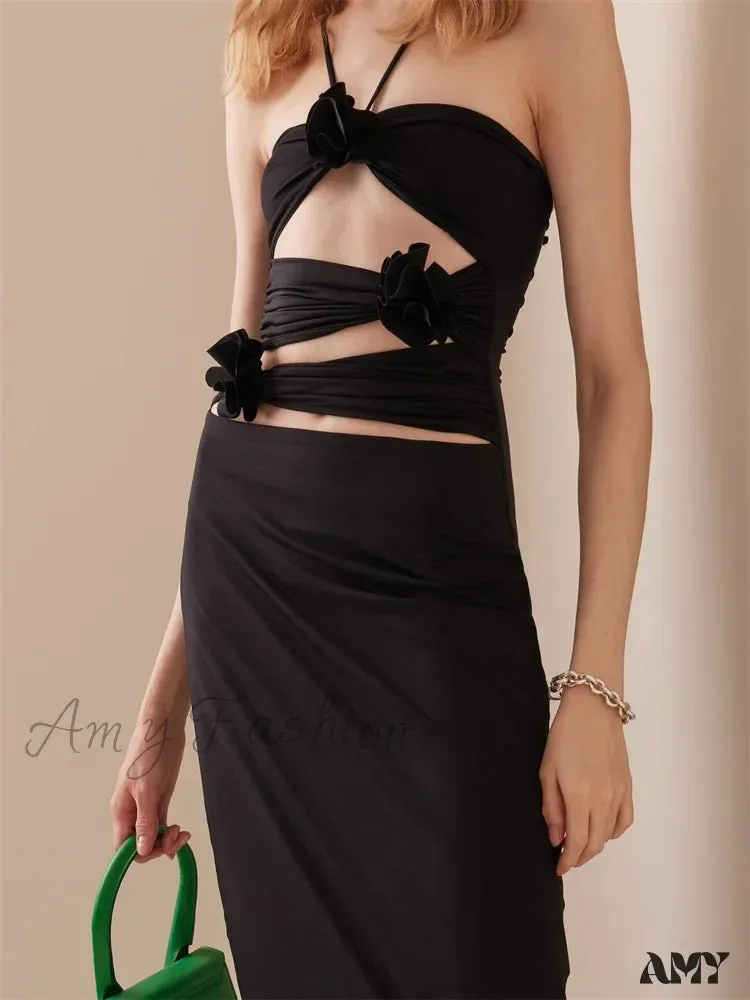 Amy Fashion - Women Sexy Halter Hollow Out  Y2K Off Shoulder Backless Slim 3D Flowers Vestidos Night Party Clubwear