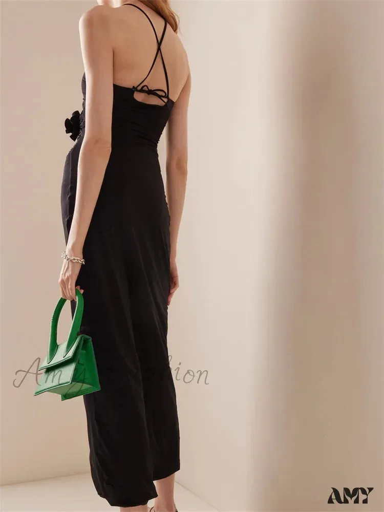 Amy Fashion - Women Sexy Halter Hollow Out  Y2K Off Shoulder Backless Slim 3D Flowers Vestidos Night Party Clubwear