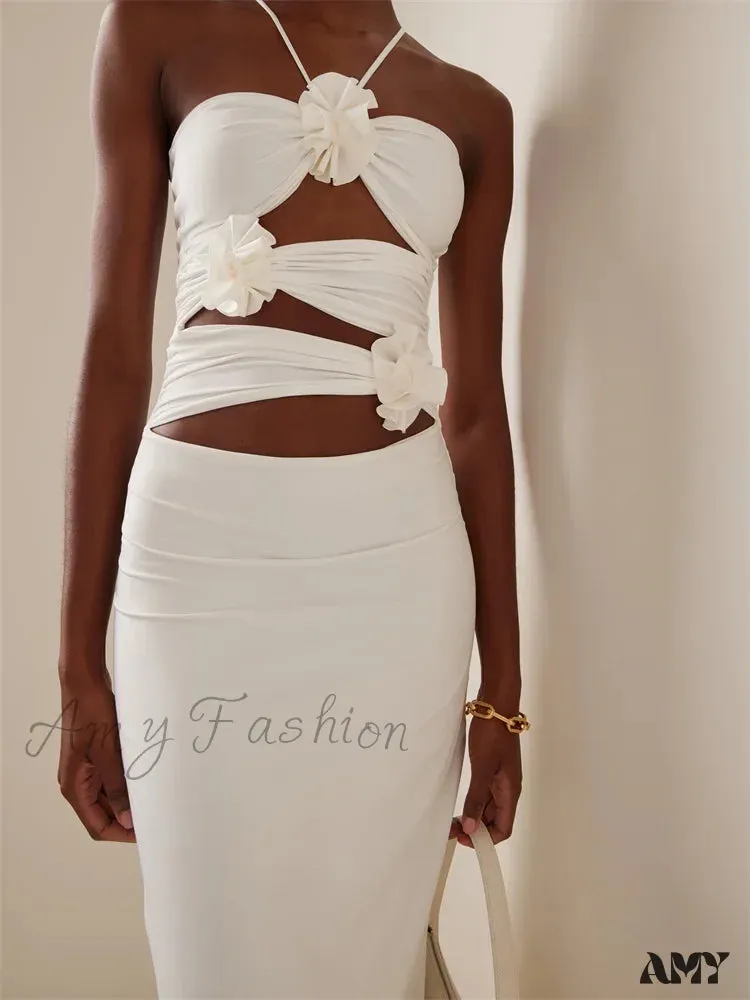 Amy Fashion - Women Sexy Halter Hollow Out  Y2K Off Shoulder Backless Slim 3D Flowers Vestidos Night Party Clubwear