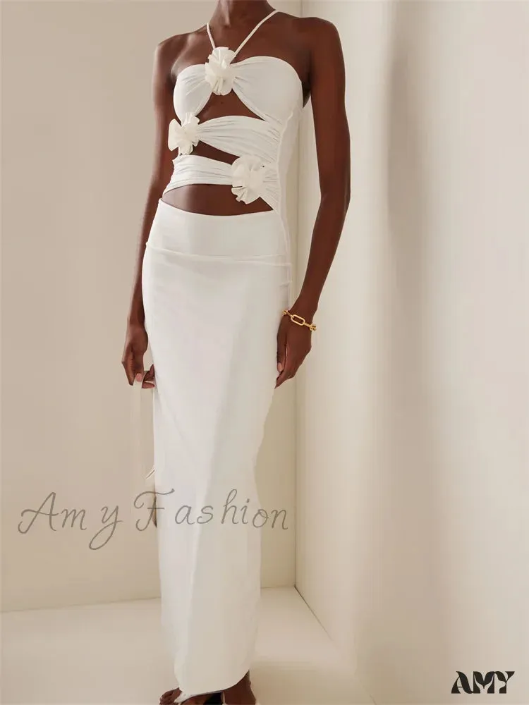 Amy Fashion - Women Sexy Halter Hollow Out  Y2K Off Shoulder Backless Slim 3D Flowers Vestidos Night Party Clubwear