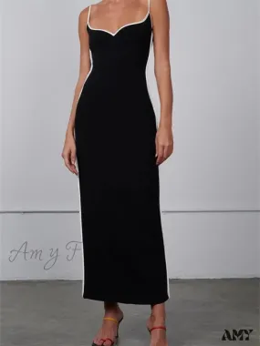 Amy Fashion - Women Sleeveless Strap  Black Patchwork V-neck Low Cut Slim Summer Party Back Split  Female Vestidos