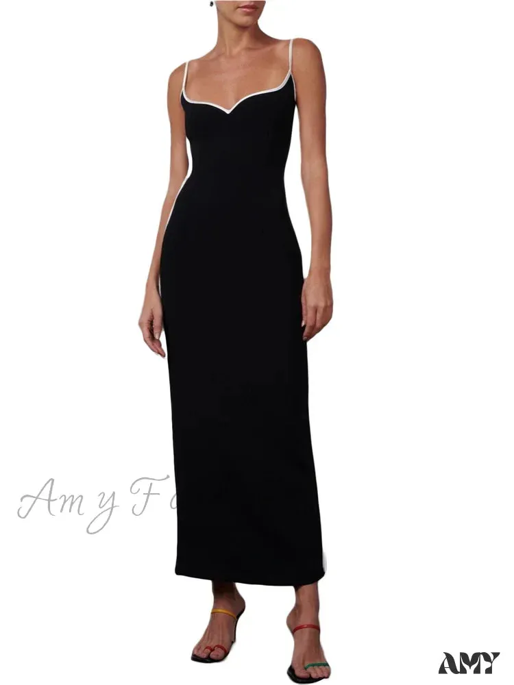 Amy Fashion - Women Sleeveless Strap  Black Patchwork V-neck Low Cut Slim Summer Party Back Split  Female Vestidos