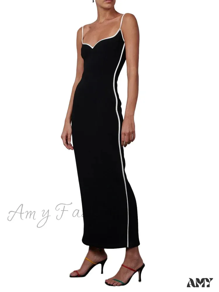 Amy Fashion - Women Sleeveless Strap  Black Patchwork V-neck Low Cut Slim Summer Party Back Split  Female Vestidos