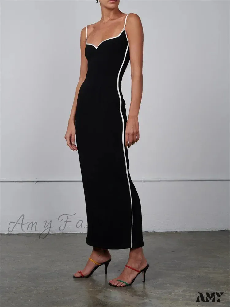 Amy Fashion - Women Sleeveless Strap  Black Patchwork V-neck Low Cut Slim Summer Party Back Split  Female Vestidos
