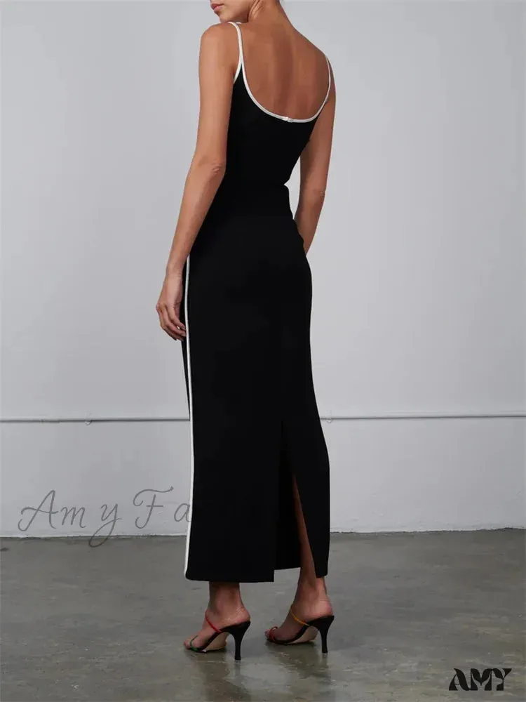 Amy Fashion - Women Sleeveless Strap  Black Patchwork V-neck Low Cut Slim Summer Party Back Split  Female Vestidos