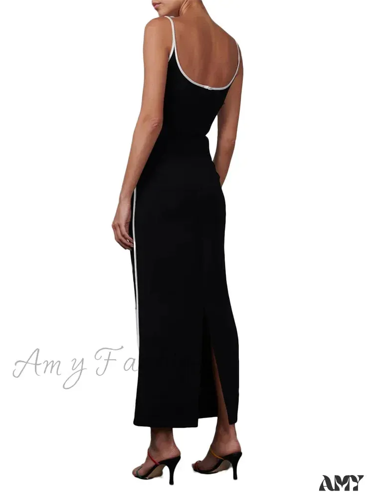 Amy Fashion - Women Sleeveless Strap  Black Patchwork V-neck Low Cut Slim Summer Party Back Split  Female Vestidos