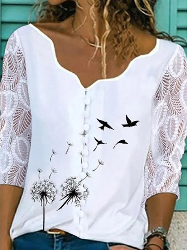 Animal Casual V-Neckline 3/4 Sleeves Blouses