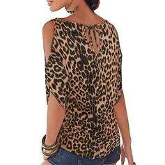 Animal Print Leopard Cold Shoulder 1/2 Sleeves Casual Blouses