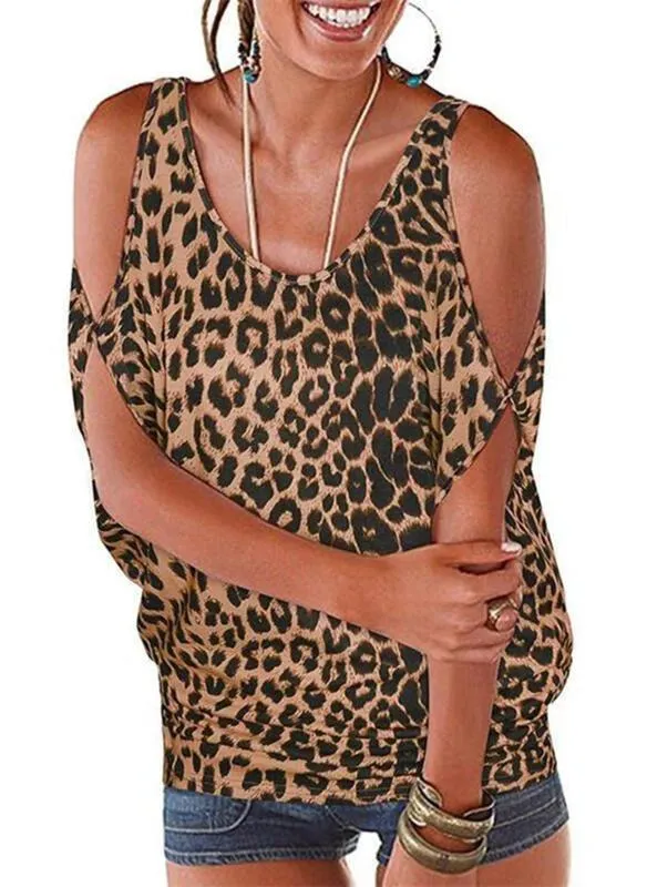 Animal Print Leopard Cold Shoulder 1/2 Sleeves Casual Blouses