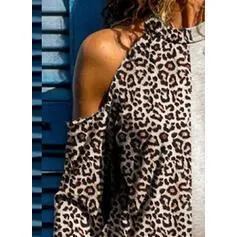 Animal Print Patchwork Cold Shoulder Long Sleeves Casual Knit Blouses