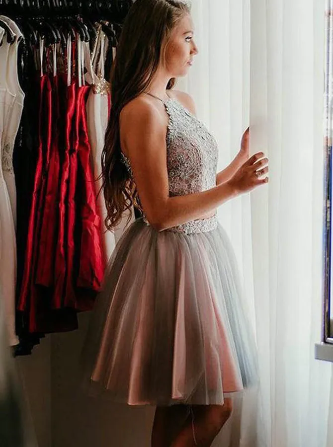 Grey Cocktail Dresses,Two Piece Cocktail Dress,Tulle Cocktail Dress,CD00017