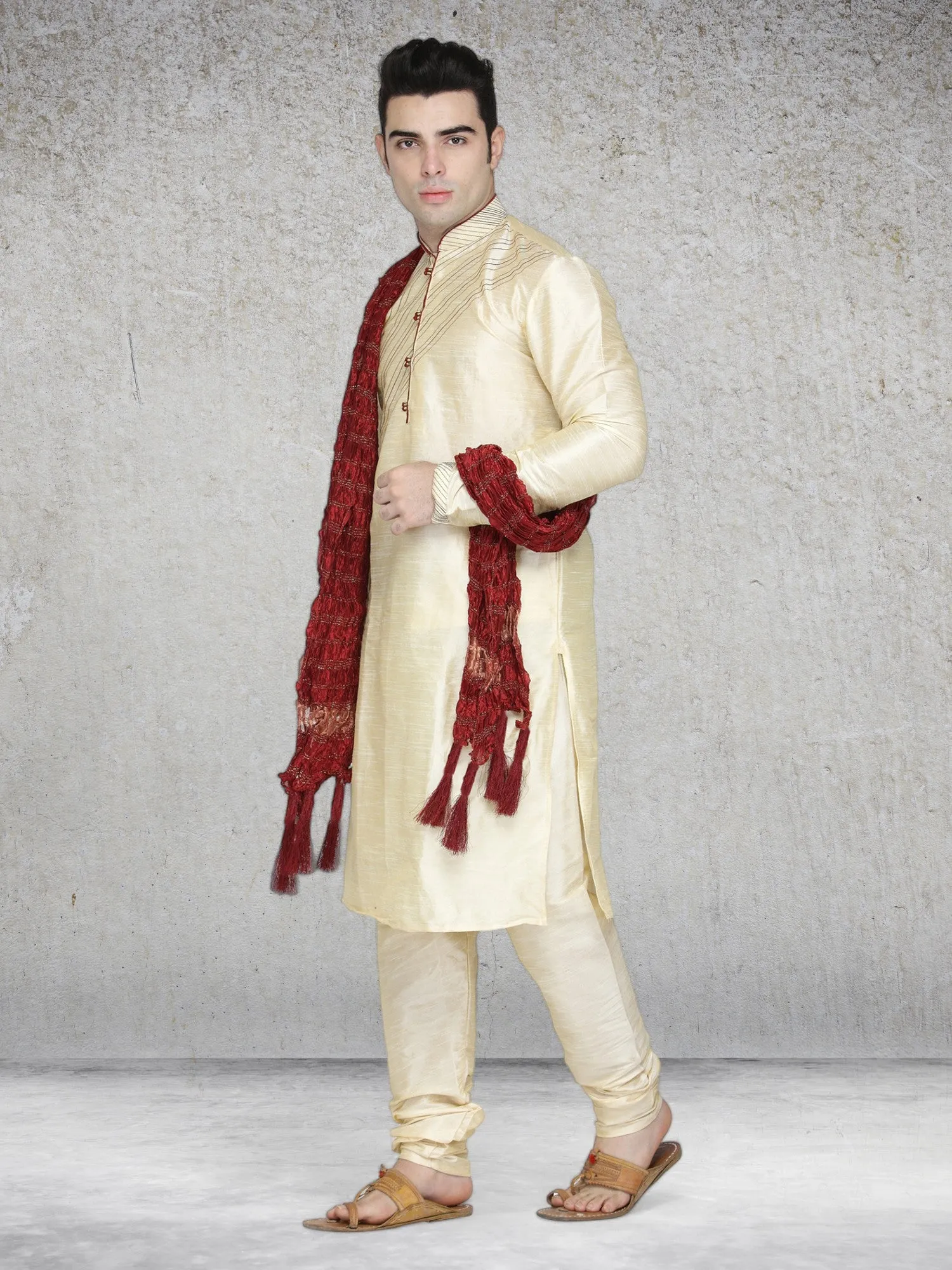 Men's Art Silk Kurta Pajama And Scarf Festivals Season Ethnic Party Dress Set Beige