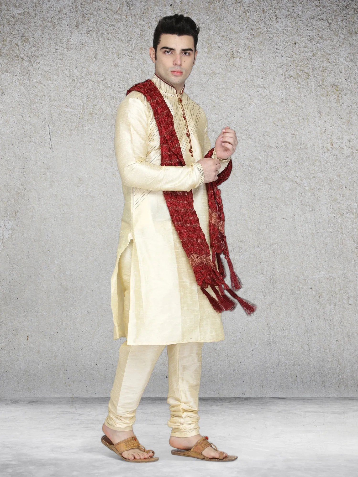 Men's Art Silk Kurta Pajama And Scarf Festivals Season Ethnic Party Dress Set Beige