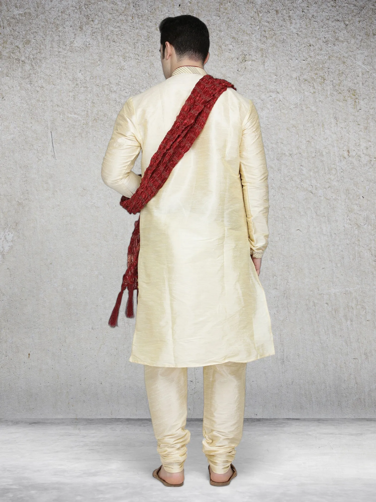 Men's Art Silk Kurta Pajama And Scarf Festivals Season Ethnic Party Dress Set Beige