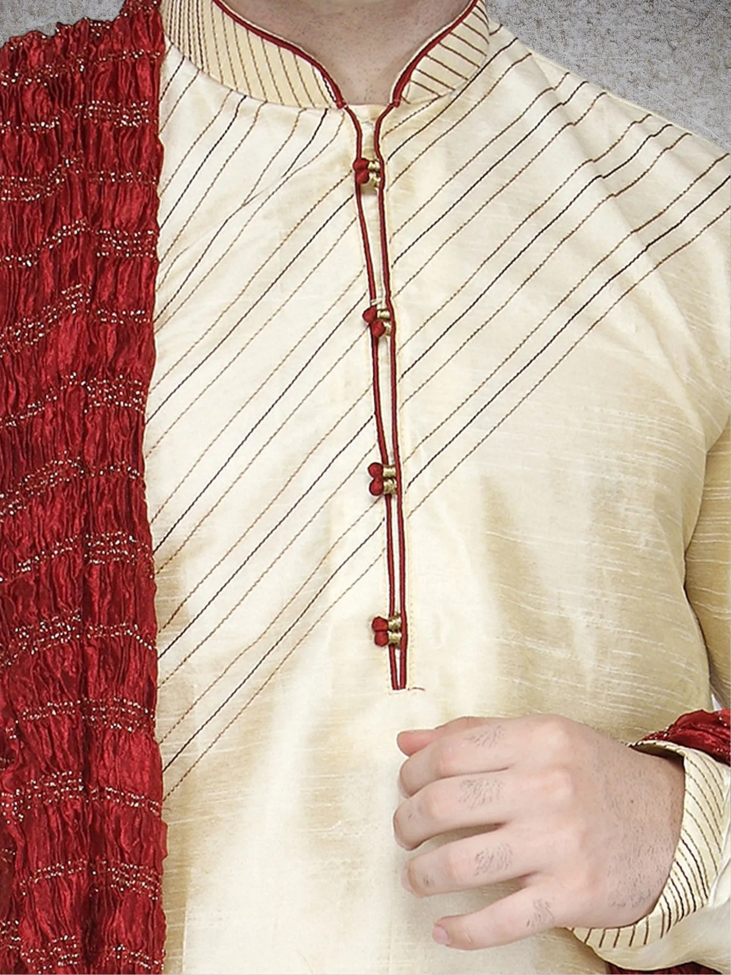 Men's Art Silk Kurta Pajama And Scarf Festivals Season Ethnic Party Dress Set Beige