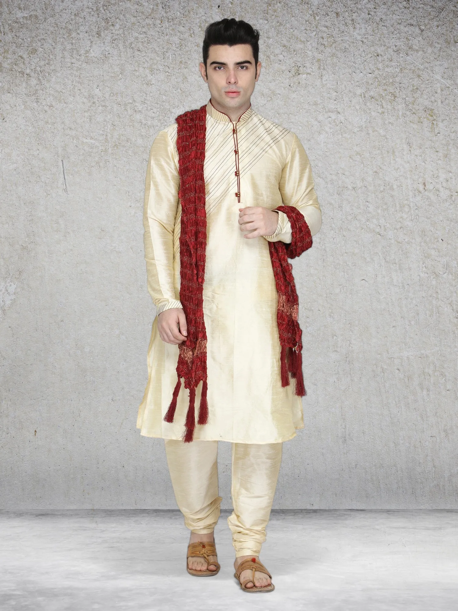 Men's Art Silk Kurta Pajama And Scarf Festivals Season Ethnic Party Dress Set Beige